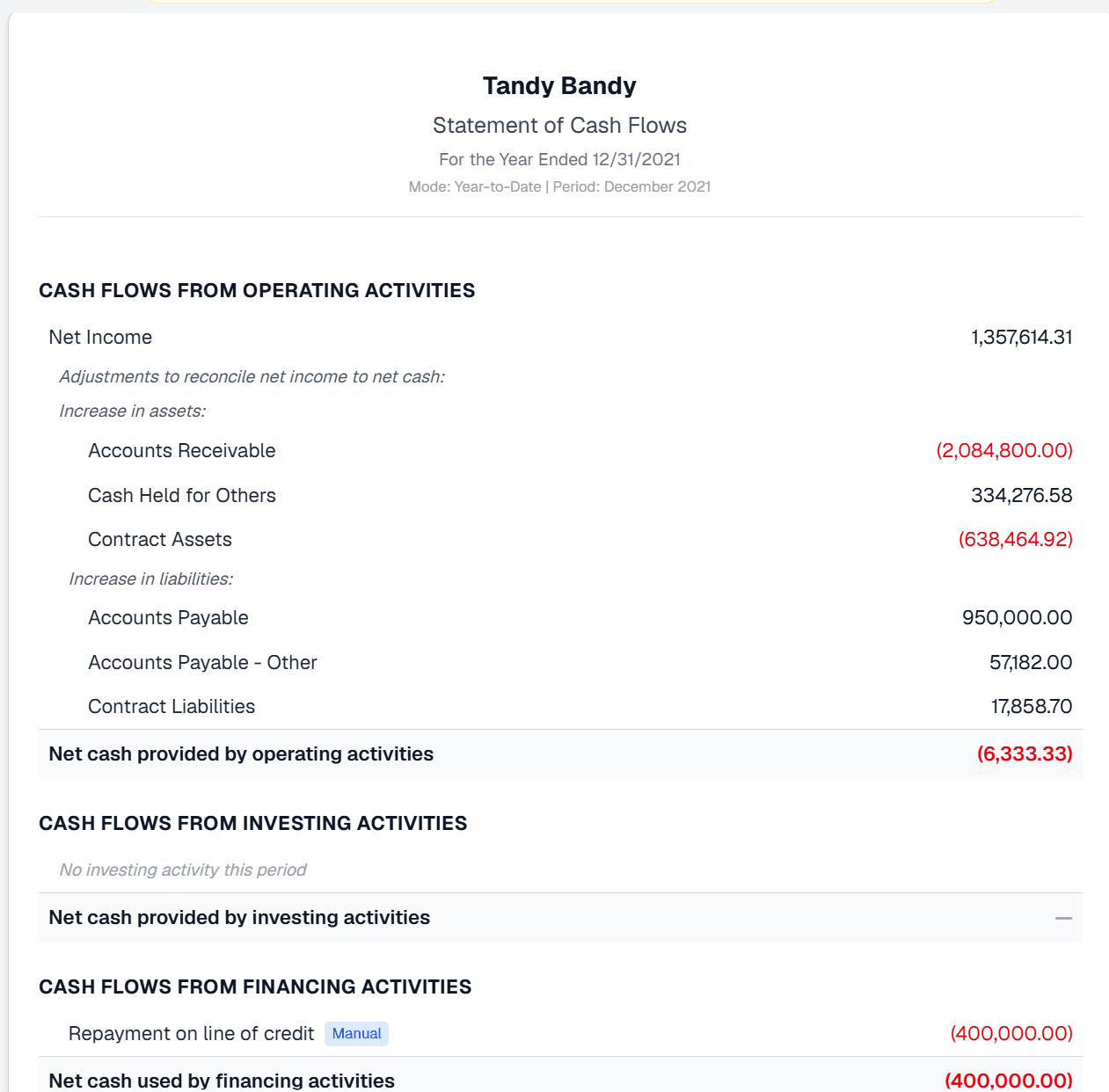 Cash Flow Statement screenshot
